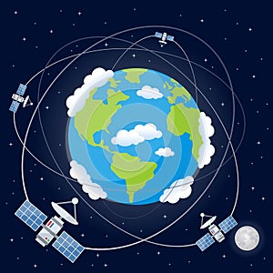 Cartoon Satellites Orbiting the Earth