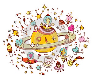 Cartoon Saturn with group of characters space cosmos