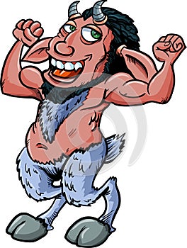 Cartoon Satyr with horns and hooves . He is happy