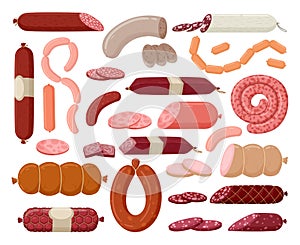 Cartoon sausages, butcher shop meat products. Fresh meat semi-finished sausages and frankfurters flat vector illustration set.
