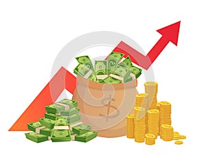 Cartoon savings value growth. Money profit increase, profitable investments chart with red graph arrow and cash pile