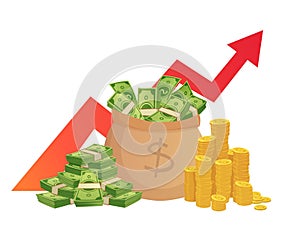 Cartoon savings value growth. Money profit increase, profitable investments chart with red graph arrow and cash pile vector