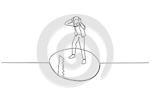 Cartoon of saw cutting floor make business woman panic concept of business crisis. Single line art style