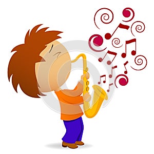 Cartoon saxophonist with abstract music note