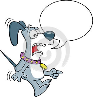 Cartoon scared dog pointing with a caption balloon.