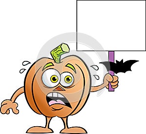 Cartoon scared pumpkin starring at a bat while holding a sign.