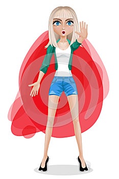 Cartoon of a scared woman in shorts and a green jacket, raising her hands in a stop gesture