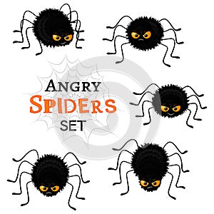 Cartoon scary black spiders set on white background. Funny insects characters with angry faces and orange eyes