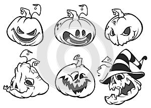 Cartoon scary Jack O` Lantern pumpkins set outlined