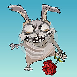 Cartoon scary rabbit with red flower in hand