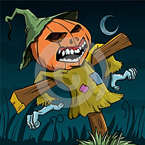 Cartoon scary scarecrow with a pumpkin head