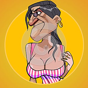 Cartoon scary woman with lush shapes of the chest seducing photo