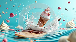 Cartoon scene of an adventurous ice cream cone riding a surfboard made out of a chocolate bar. The waves around it are