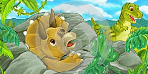 Cartoon scene with triceratops hidind behind the rock from tyrannosaurus rex