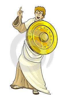 Cartoon scene with ancient warrior with golden shields standing and talking - on white background