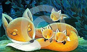 Cartoon scene with animals family of foxes sleeping in the forest illustration for children