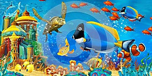 Cartoon scene animals swimming on colorful and bright coral reef - illustration