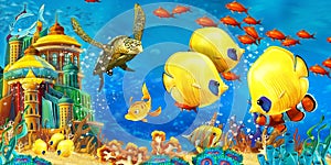 cartoon scene animals swimming on colorful and bright coral reef - illustration