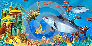 Cartoon scene animals swimming on colorful and bright coral reef - illustration