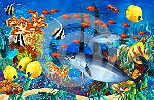 Cartoon scene animals swimming on colorful and bright coral reef - illustration for children