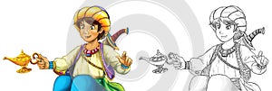 Cartoon scene with arabian knight or prince with sword on white