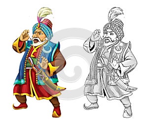 Cartoon scene with arabian knight or prince with sword on white