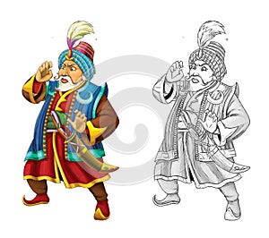 Cartoon scene with arabian knight or prince with sword on white