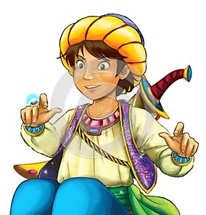 cartoon scene with arabian knight or prince with sword on white background - illustration for children