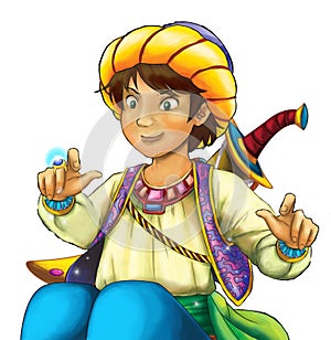 cartoon scene with arabian knight or prince with sword on white background - illustration for children