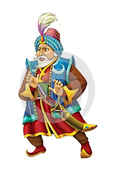 cartoon scene with arabian knight or prince with sword on white background - illustration for children