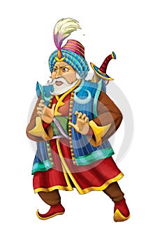 Cartoon scene with arabian knight or prince with sword on white background - illustration for children