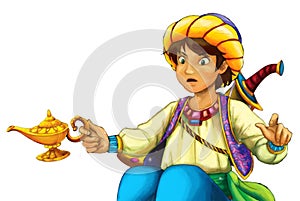 cartoon scene with arabian knight or prince with sword on white background - illustration for children