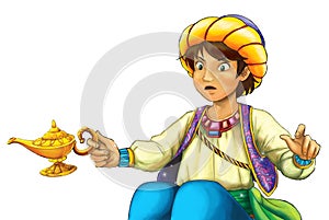 Cartoon scene with arabian knight or prince on white background