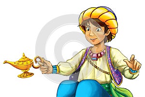 Cartoon scene with arabian knight or prince on white background