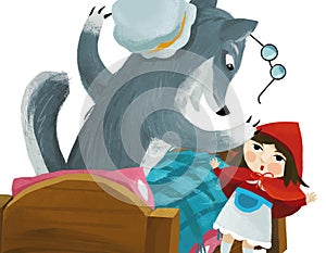 Cartoon scene with bad wolf in disguise of grandmother resting in the bed and little girl illustration for children