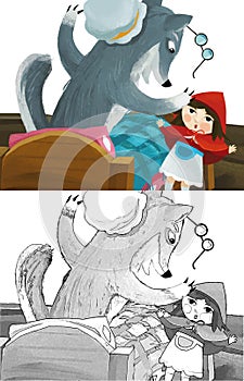 Cartoon scene with bad wolf in disguise of grandmother resting in the bed and little girl illustration for children