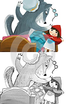 Cartoon scene with bad wolf in disguise of grandmother resting in the bed and little girl illustration for children