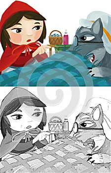 Cartoon scene with bad wolf in disguise of grandmother resting in the bed and little girl illustration for children