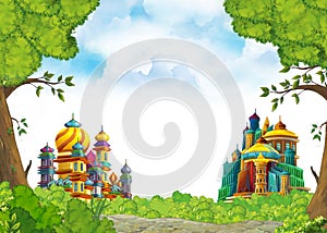 Cartoon scene with beautiful medieval castles - far east kingdom - with space for text