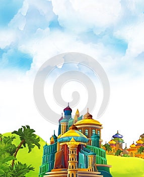 Cartoon scene with beautiful medieval castles - far east kingdom - with space for text - illustration for children
