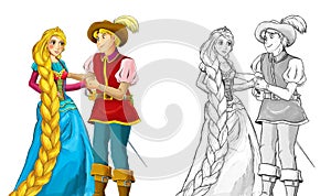 Cartoon scene with beautiful princess and prince dancing on white background - illustration for children