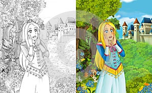 Cartoon scene with beautiful princess standing in the forest near the castle - with coloring page