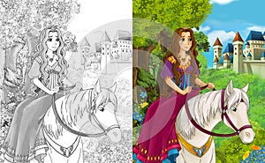 Cartoon scene with beautiful princess standing in the forest near the castle - with coloring page