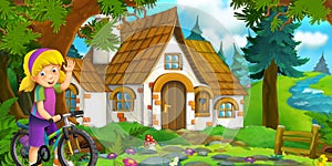 Cartoon scene with beautiful rural brick house in the forest on the meadow and girl on the bicycle trip illustration