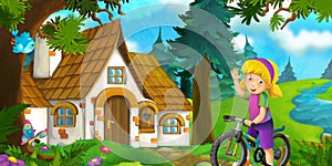 Cartoon scene with beautiful rural brick house in the forest on the meadow and girl on the bicycle trip illustration