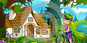 Cartoon scene with beautiful rural brick house in the forest on the meadow and girl on the bicycle trip illustration