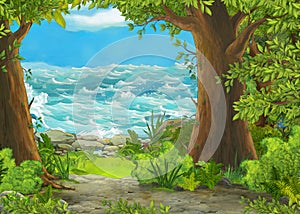 Cartoon scene of beautiful shore or beach by the ocean or sea near some forest with wooden house on the hill - illustration for