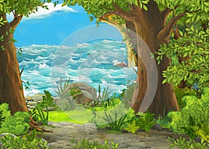 Cartoon scene of beautiful shore or beach by the ocean or sea near some forest with wooden house on the hill - illustration for