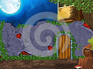 Cartoon scene with bird owl with some mansion garden by night illustration