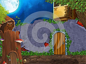 Cartoon scene with bird owl with some mansion garden by night illustration